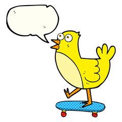 comic book speech bubble cartoon bird on skateboard