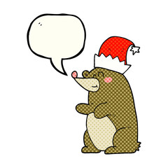 comic book speech bubble cartoon bear wearing christmas hat