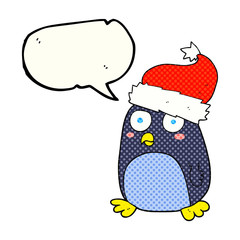 comic book speech bubble cartoon penguin in christmas hat