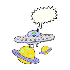 comic book speech bubble cartoon flying saucer in space