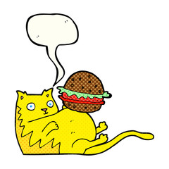 comic book speech bubble cartoon fat cat with burger
