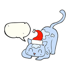 comic book speech bubble cartoon cat wearing christmas hat