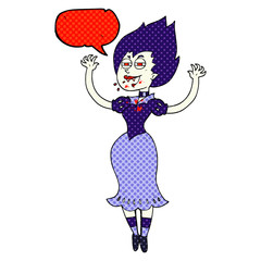 comic book speech bubble cartoon vampire girl with bloody mouth