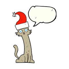 comic book speech bubble cartoon cat in christmas hat