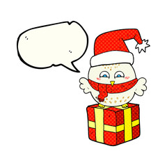 comic book speech bubble cartoon cute christmas owl on gift
