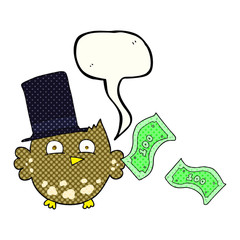 comic book speech bubble cartoon wealthy little owl with top hat