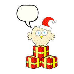 comic book speech bubble cartoon little owl wearing christmas ha