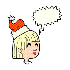 comic book speech bubble cartoon girl wearing santa hat