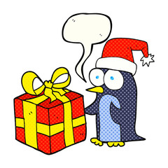 comic book speech bubble cartoon christmas penguin with present