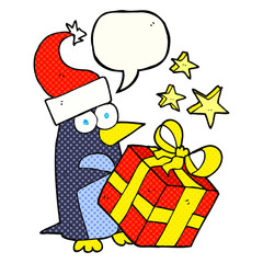 comic book speech bubble cartoon christmas penguin with present