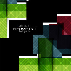 Colorful geometric shapes with texture on black. Modern futuristic abstract design template