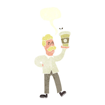 retro speech bubble cartoon man with coffee cups