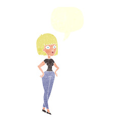 retro speech bubble cartoon woman with hands on hips
