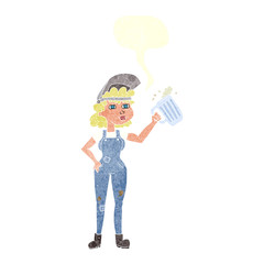 retro speech bubble cartoon hard working woman with beer