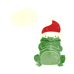 retro speech bubble cartoon frog wearing christmas hat
