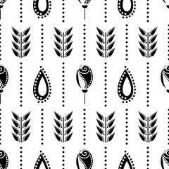 Seamless floral vector pattern. Symmetrcal black and white ornamental background with flowers and leaves. Decorative repeating ornament, Series of Floral and Decorative Seamless Pattern.