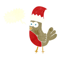 retro speech bubble cartoon robin in christmas hat