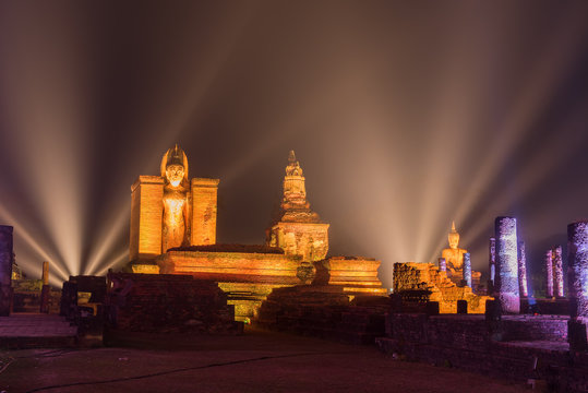 Night scene of Sukhothai historical park, Mahathat Temple ,Thailand.