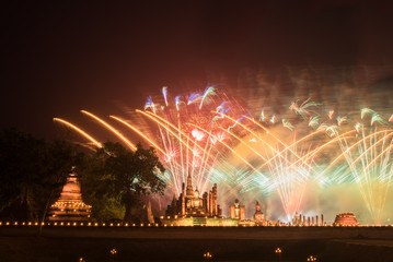 Fireworks at Sukhothai historical park, Mahathat Temple