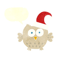 retro speech bubble cartoon little owl wearing christmas hat