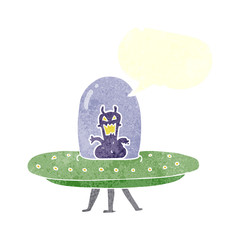 retro speech bubble cartoon alien in flying saucer