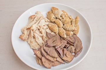 boiled pork and entrails in white dish  - close up of pork entrails for food (Entrails pig)