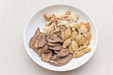 boiled pork and entrails in white dish  - close up of pork entrails for food (Entrails pig)