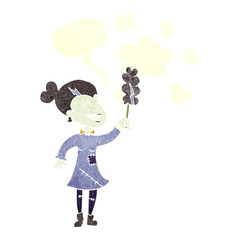 retro speech bubble cartoon zombie woman dusting