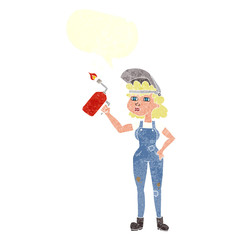 retro speech bubble cartoon woman welding