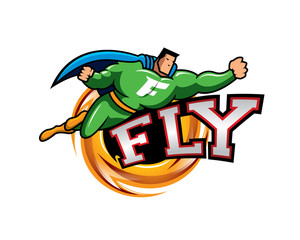 Fototapeta na wymiar green superhero flying above FLY text