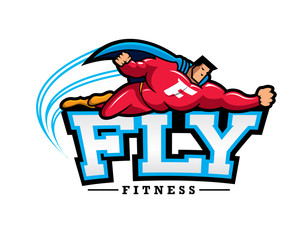 superhero flying above FLY FITNESS text
