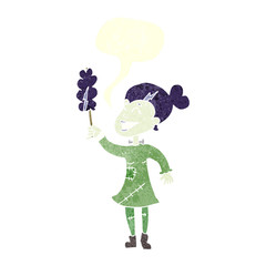 retro speech bubble cartoon undead monster lady cleaning