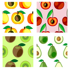 Set of vector seamless fruits patterns. Different bright backgrounds with cherry, avocado, apricot and kiwi. Series of Fruits and Sets of Patterns.