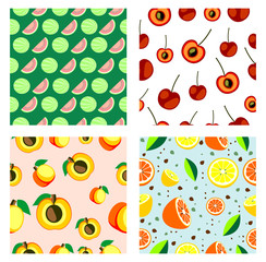 Set of vector seamless fruits patterns. Different bright backgrounds with cherries, watermelons, apricots, lemons and oranges. Series of Fruits and Sets of Patterns.