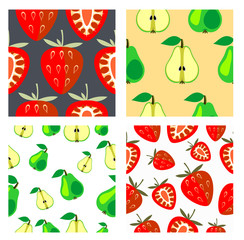 Obraz premium Set of vector seamless fruits patterns. Different bright backgrounds with strawberries and pears. Series of Fruits and Sets of Patterns.