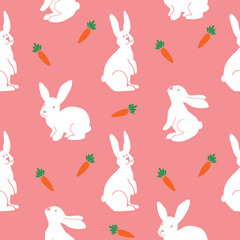 Seamless pattern with cute white rabbits. Vector illustration.