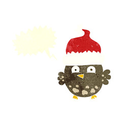 retro speech bubble cartoon owl wearing christmas hat