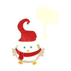 retro speech bubble cartoon owl wearing christmas hat