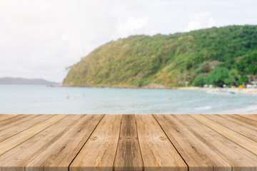 Vintage wooden board empty table in front of blue sea & sky background. Perspective wood floor over sea and sky - can be used for display or montage your products. beach & summer concepts.