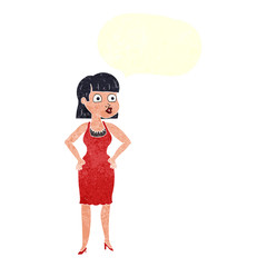retro speech bubble cartoon woman in dress with hands on hips