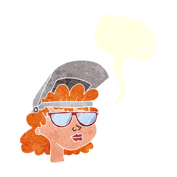 retro speech bubble cartoon woman with welding mask and glasses