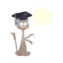 retro speech bubble cartoon cat with graduation cap