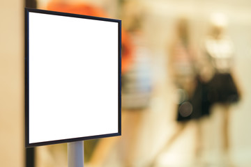 Blank sign with copy space for your text message or content in modern shopping mall.