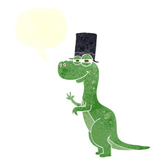 retro speech bubble cartoon dinosaur wearing top hat