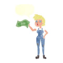 retro speech bubble cartoon confident farmer woman with money