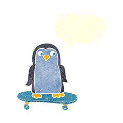 retro speech bubble cartoon penguin riding skateboard