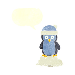 retro speech bubble cartoon penguin wearing hat