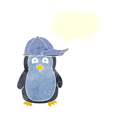 retro speech bubble cartoon penguin wearing hat