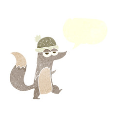 retro speech bubble cartoon little wolf wearing hat