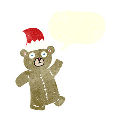 retro speech bubble cartoon teddy bear wearing christmas hat